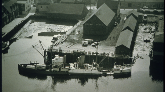 Fleurus leaning against the dock, sunk.